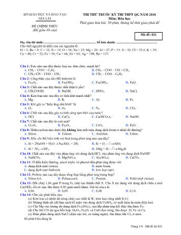 Đề thi thử trước kỳ thi THPT Quốc gia năm 2018 môn Hóa học Lớp 12 - Sở GD&ĐT Gia Lai - Mã đề 021