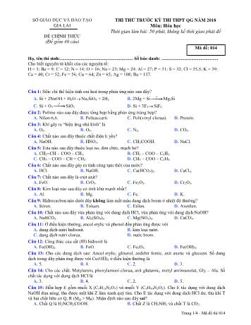 Đề thi thử trước kỳ thi THPT Quốc gia năm 2018 môn Hóa học Lớp 12 - Sở GD&ĐT Gia Lai - Mã đề 014