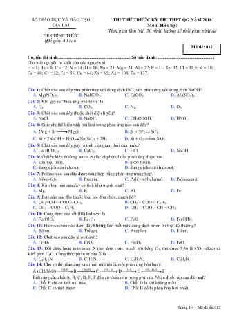 Đề thi thử trước kỳ thi THPT Quốc gia năm 2018 môn Hóa học Lớp 12 - Sở GD&ĐT Gia Lai - Mã đề 012