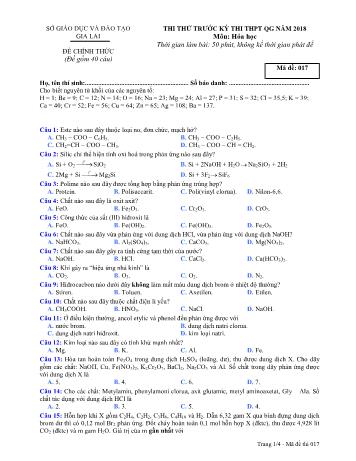 Đề thi thử trước kỳ thi THPT Quốc gia năm 2018 môn Hóa học Lớp 12 - Sở GD&ĐT Gia Lai - Mã đề 017