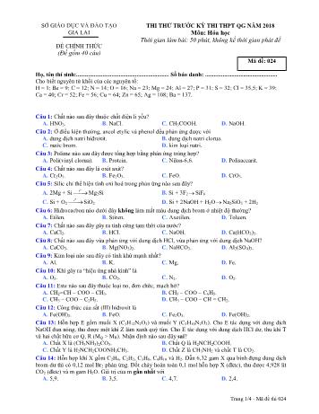 Đề thi thử trước kỳ thi THPT Quốc gia năm 2018 môn Hóa học Lớp 12 - Sở GD&ĐT Gia Lai - Mã đề 024