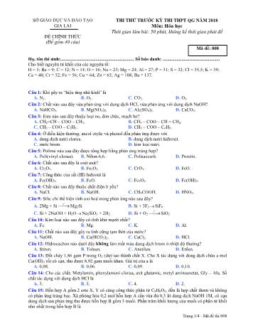 Đề thi thử trước kỳ thi THPT Quốc gia năm 2018 môn Hóa học Lớp 12 - Sở GD&ĐT Gia Lai - Mã đề 008