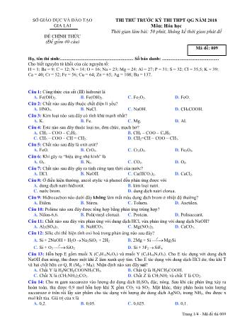 Đề thi thử trước kỳ thi THPT Quốc gia năm 2018 môn Hóa học Lớp 12 - Sở GD&ĐT Gia Lai - Mã đề 009