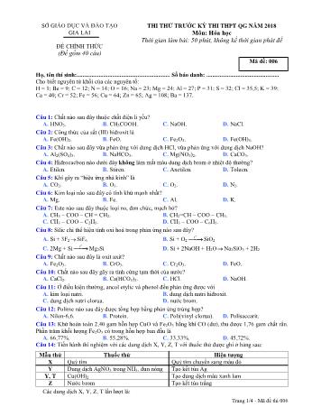 Đề thi thử trước kỳ thi THPT Quốc gia năm 2018 môn Hóa học Lớp 12 - Sở GD&ĐT Gia Lai - Mã đề 006