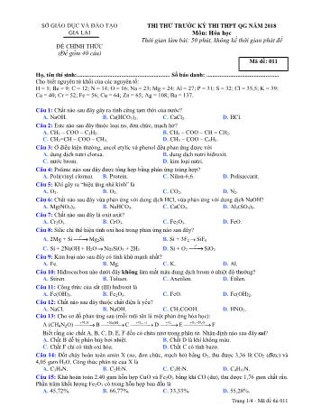 Đề thi thử trước kỳ thi THPT Quốc gia năm 2018 môn Hóa học Lớp 12 - Sở GD&ĐT Gia Lai - Mã đề 011