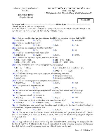 Đề thi thử trước kỳ thi THPT Quốc gia năm 2018 môn Hóa học Lớp 12 - Sở GD&ĐT Gia Lai - Mã đề 007