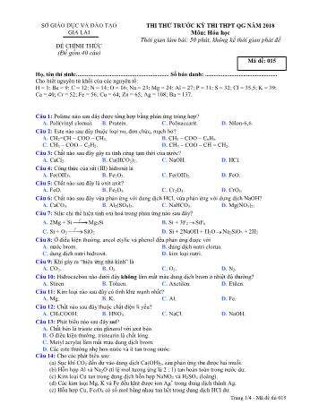 Đề thi thử trước kỳ thi THPT Quốc gia năm 2018 môn Hóa học Lớp 12 - Sở GD&ĐT Gia Lai - Mã đề 015