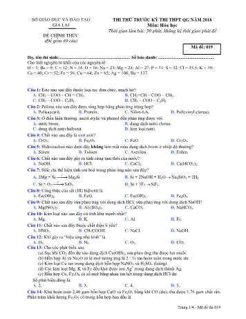 Đề thi thử trước kỳ thi THPT Quốc gia năm 2018 môn Hóa học Lớp 12 - Sở GD&ĐT Gia Lai - Mã đề 019