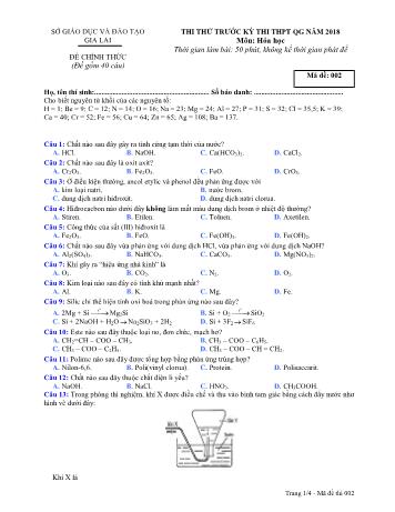 Đề thi thử trước kỳ thi THPT Quốc gia năm 2018 môn Hóa học Lớp 12 - Sở GD&ĐT Gia Lai - Mã đề 002