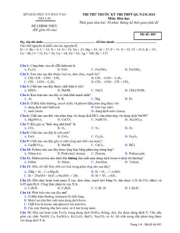 Đề thi thử trước kỳ thi THPT Quốc gia năm 2018 môn Hóa học Lớp 12 - Sở GD&ĐT Gia Lai - Mã đề 003