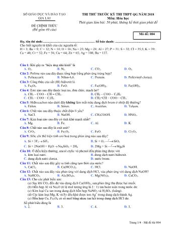 Đề thi thử trước kỳ thi THPT Quốc gia năm 2018 môn Hóa học Lớp 12 - Sở GD&ĐT Gia Lai - Mã đề 004