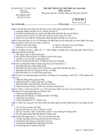 Đề thi thử trước kỳ thi THPT Quốc gia năm 2018 môn Lịch sử Lớp 12 - Sở GD&ĐT Gia Lai - Mã đề 006