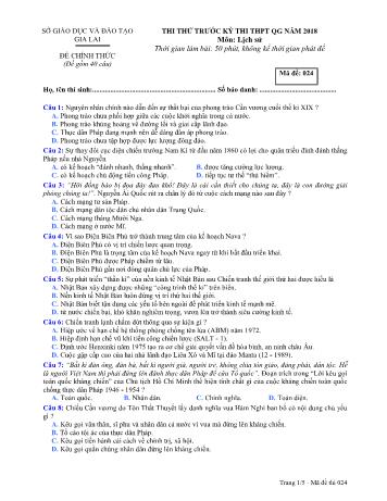 Đề thi thử trước kỳ thi THPT Quốc gia năm 2018 môn Lịch sử Lớp 12 - Sở GD&ĐT Gia Lai - Mã đề 024
