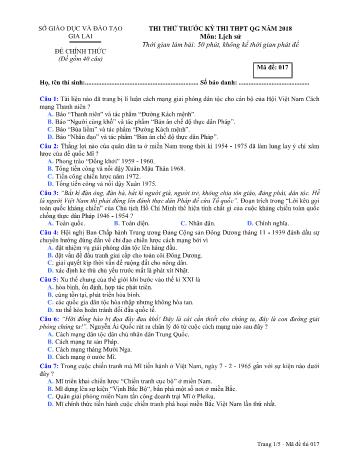 Đề thi thử trước kỳ thi THPT Quốc gia năm 2018 môn Lịch sử Lớp 12 - Sở GD&ĐT Gia Lai - Mã đề 017