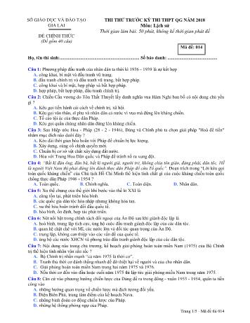 Đề thi thử trước kỳ thi THPT Quốc gia năm 2018 môn Lịch sử Lớp 12 - Sở GD&ĐT Gia Lai - Mã đề 014