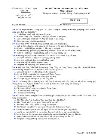 Đề thi thử trước kỳ thi THPT Quốc gia năm 2018 môn Lịch sử Lớp 12 - Sở GD&ĐT Gia Lai - Mã đề 018