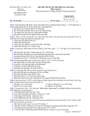 Đề thi thử trước kỳ thi THPT Quốc gia năm 2018 môn Lịch sử Lớp 12 - Sở GD&ĐT Gia Lai - Mã đề 022