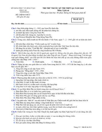 Đề thi thử trước kỳ thi THPT Quốc gia năm 2018 môn Lịch sử Lớp 12 - Sở GD&ĐT Gia Lai - Mã đề 012