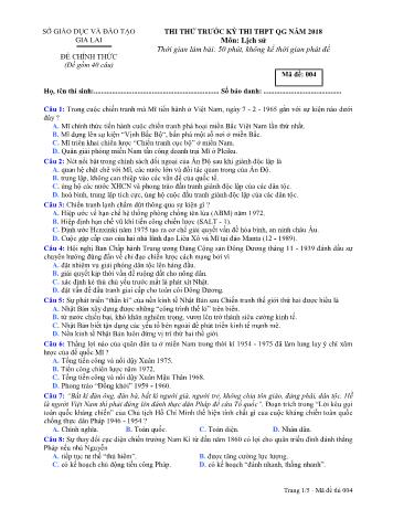 Đề thi thử trước kỳ thi THPT Quốc gia năm 2018 môn Lịch sử Lớp 12 - Sở GD&ĐT Gia Lai - Mã đề 004