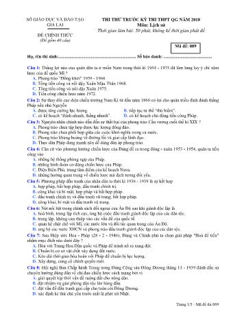 Đề thi thử trước kỳ thi THPT Quốc gia năm 2018 môn Lịch sử Lớp 12 - Sở GD&ĐT Gia Lai - Mã đề 009