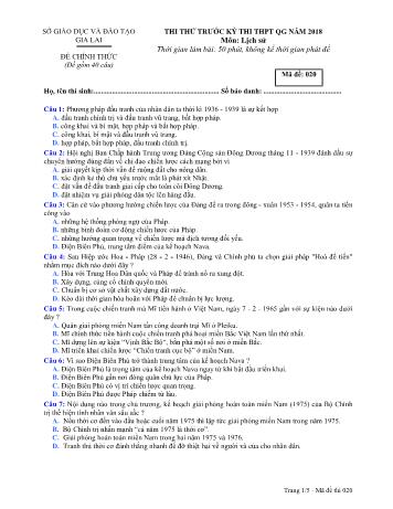 Đề thi thử trước kỳ thi THPT Quốc gia năm 2018 môn Lịch sử Lớp 12 - Sở GD&ĐT Gia Lai - Mã đề 020