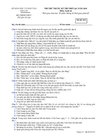 Đề thi thử trước kỳ thi THPT Quốc gia năm 2018 môn Lịch sử Lớp 12 - Sở GD&ĐT Gia Lai - Mã đề 015