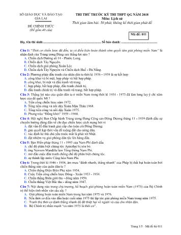 Đề thi thử trước kỳ thi THPT Quốc gia năm 2018 môn Lịch sử Lớp 12 - Sở GD&ĐT Gia Lai - Mã đề 011
