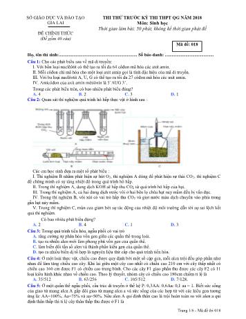 Đề thi thử trước kỳ thi THPT Quốc gia năm 2018 môn Sinh học Lớp 12 - Sở GD&ĐT Gia Lai - Mã đề 018