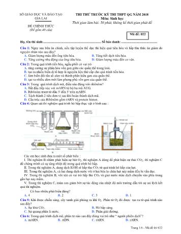 Đề thi thử trước kỳ thi THPT Quốc gia năm 2018 môn Sinh học Lớp 12 - Sở GD&ĐT Gia Lai - Mã đề 022