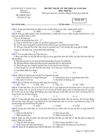 Đề thi thử trước kỳ thi THPT Quốc gia năm 2018 môn Sinh học Lớp 12 - Sở GD&ĐT Gia Lai - Mã đề 008