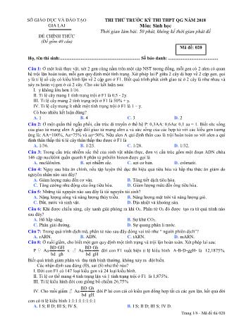 Đề thi thử trước kỳ thi THPT Quốc gia năm 2018 môn Sinh học Lớp 12 - Sở GD&ĐT Gia Lai - Mã đề 020