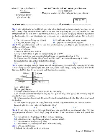 Đề thi thử trước kỳ thi THPT Quốc gia năm 2018 môn Sinh học Lớp 12 - Sở GD&ĐT Gia Lai - Mã đề 005
