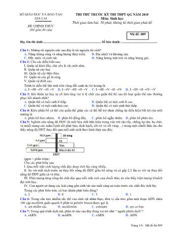 Đề thi thử trước kỳ thi THPT Quốc gia năm 2018 môn Sinh học Lớp 12 - Sở GD&ĐT Gia Lai - Mã đề 009