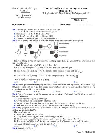 Đề thi thử trước kỳ thi THPT Quốc gia năm 2018 môn Sinh học Lớp 12 - Sở GD&ĐT Gia Lai - Mã đề 010