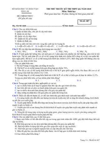 Đề thi thử trước kỳ thi THPT Quốc gia năm 2018 môn Sinh học Lớp 12 - Sở GD&ĐT Gia Lai - Mã đề 007