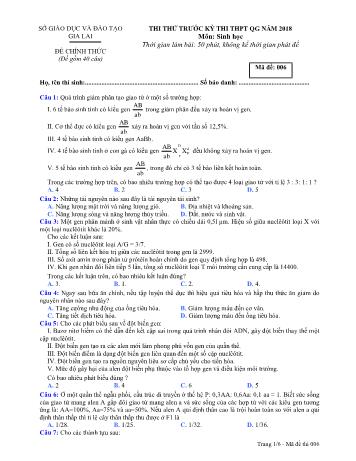 Đề thi thử trước kỳ thi THPT Quốc gia năm 2018 môn Sinh học Lớp 12 - Sở GD&ĐT Gia Lai - Mã đề 006