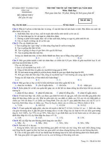 Đề thi thử trước kỳ thi THPT Quốc gia năm 2018 môn Sinh học Lớp 12 - Sở GD&ĐT Gia Lai - Mã đề 004