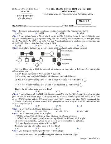 Đề thi thử trước kỳ thi THPT Quốc gia năm 2018 môn Sinh học Lớp 12 - Sở GD&ĐT Gia Lai - Mã đề 012