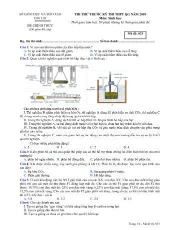 Đề thi thử trước kỳ thi THPT Quốc gia năm 2018 môn Sinh học Lớp 12 - Sở GD&ĐT Gia Lai - Mã đề 023