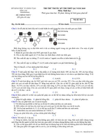 Đề thi thử trước kỳ thi THPT Quốc gia năm 2018 môn Sinh học Lớp 12 - Sở GD&ĐT Gia Lai - Mã đề 014