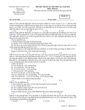 Đề thi thử trước kỳ thi THPT Quốc gia năm 2018 môn Sinh học Lớp 12 - Sở GD&ĐT Gia Lai - Mã đề 017
