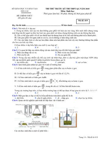 Đề thi thử trước kỳ thi THPT Quốc gia năm 2018 môn Sinh học Lớp 12 - Sở GD&ĐT Gia Lai - Mã đề 019