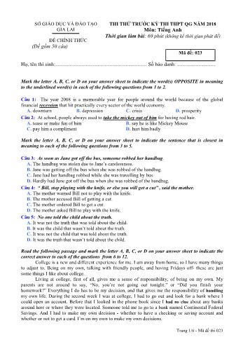 Đề thi thử trước kỳ thi THPT Quốc gia năm 2018 môn Tiếng Anh - Sở GD&ĐT Gia Lai - Mã đề 023