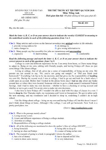 Đề thi thử trước kỳ thi THPT Quốc gia năm 2018 môn Tiếng Anh - Sở GD&ĐT Gia Lai - Mã đề 021