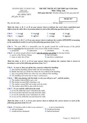 Đề thi thử trước kỳ thi THPT Quốc gia năm 2018 môn Tiếng Anh - Sở GD&ĐT Gia Lai - Mã đề 013