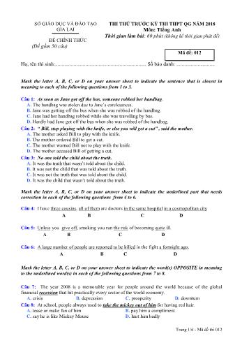 Đề thi thử trước kỳ thi THPT Quốc gia năm 2018 môn Tiếng Anh - Sở GD&ĐT Gia Lai - Mã đề 012