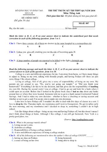 Đề thi thử trước kỳ thi THPT Quốc gia năm 2018 môn Tiếng Anh - Sở GD&ĐT Gia Lai - Mã đề 007