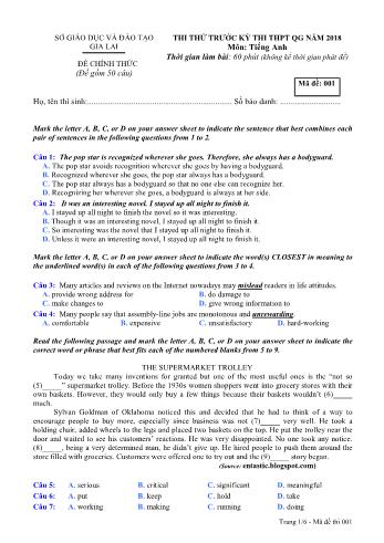 Đề thi thử trước kỳ thi THPT Quốc gia năm 2018 môn Tiếng Anh - Sở GD&ĐT Gia Lai - Mã đề 001