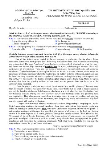 Đề thi thử trước kỳ thi THPT Quốc gia năm 2018 môn Tiếng Anh - Sở GD&ĐT Gia Lai - Mã đề 003