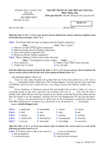 Đề thi thử trước kỳ thi THPT Quốc gia năm 2018 môn Tiếng Anh - Sở GD&ĐT Gia Lai - Mã đề 017